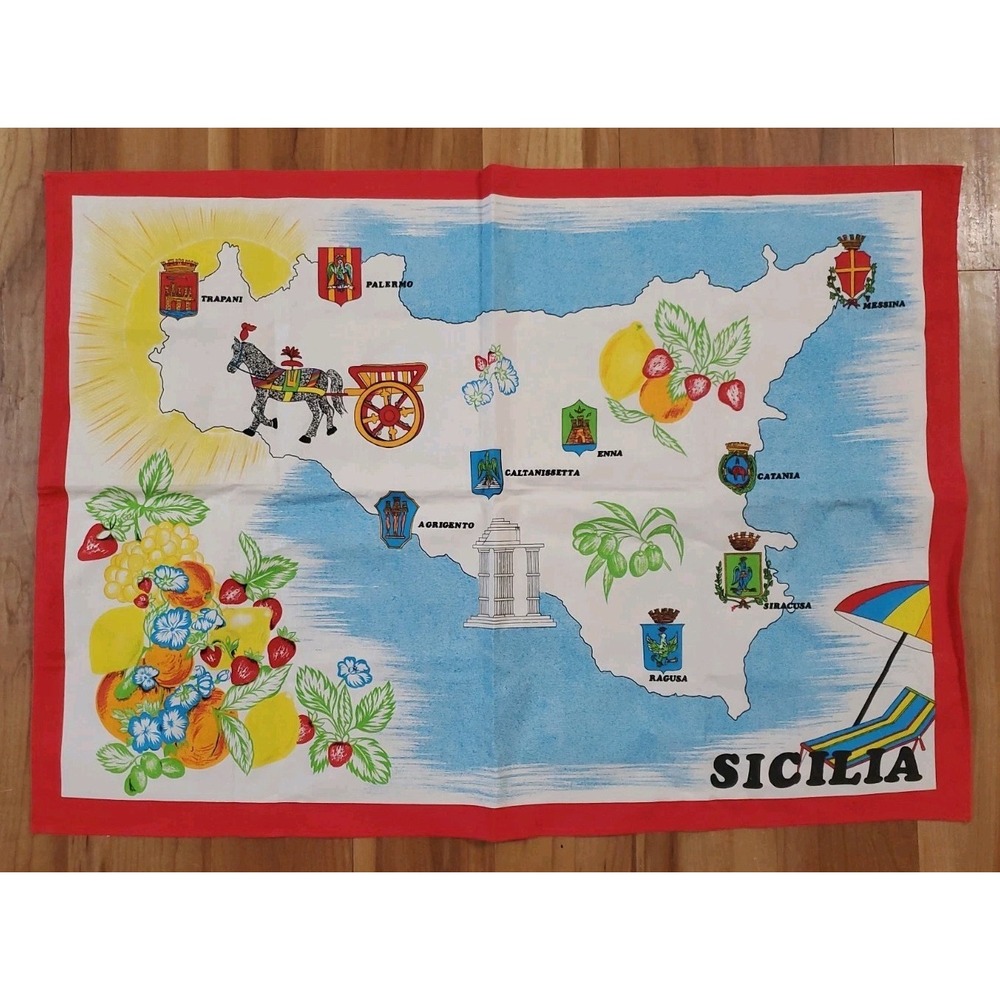 Vintage Souvenir SICILY SICILA MAP Red Blue White Cotton Kitchen Tea Towel